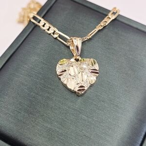 Yellow Gold Filled Nugget Heart Pendant- 18' Plated Diamond Cut Figaro
